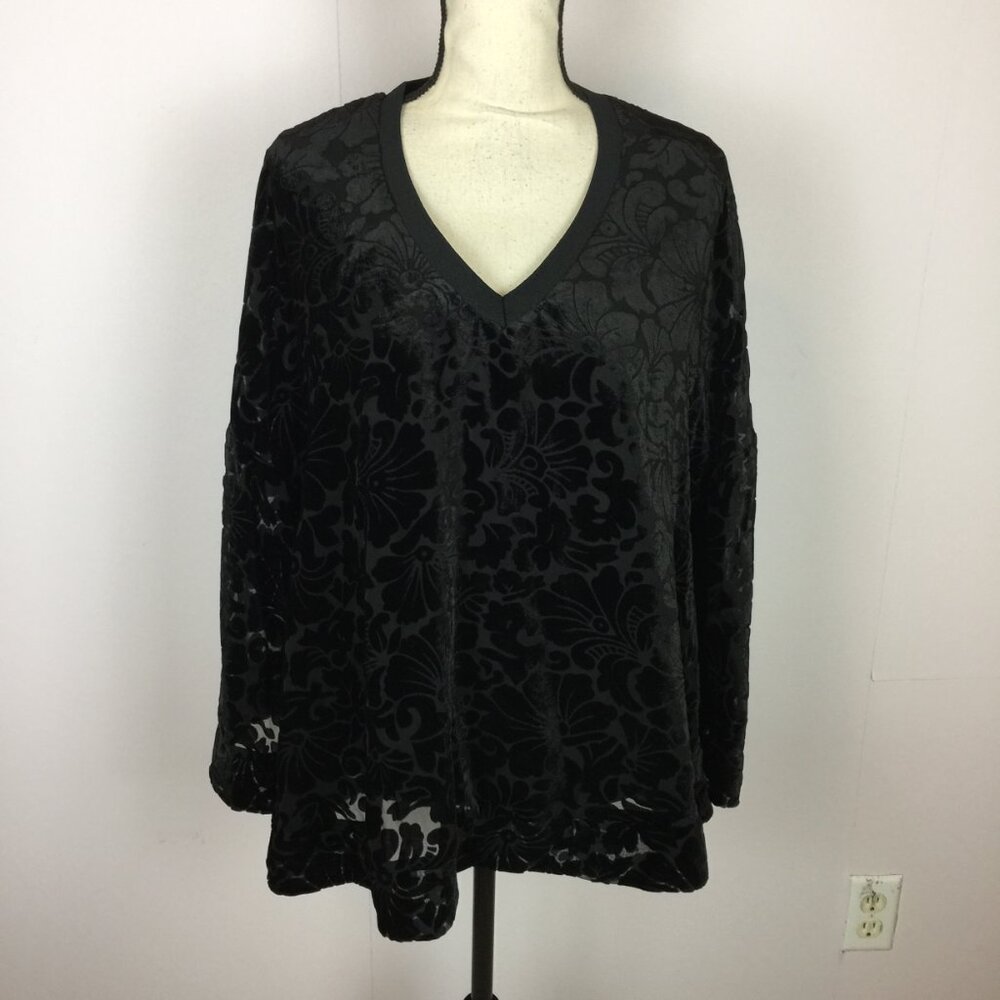 Roaman's Blouse Top 16W Womans Plus Black Floral Stretch Velvet V-neck Lined